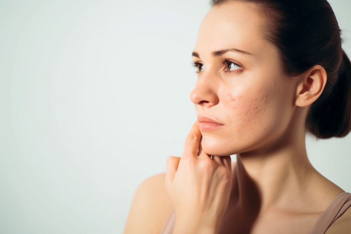 Woman with acne scarring on her cheek considering acne scar treatment in New York