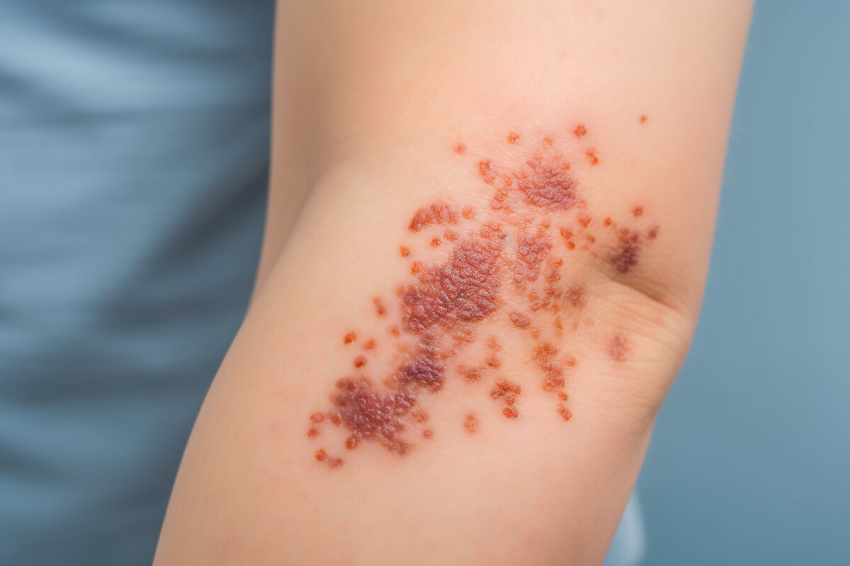 Red, scaly psoriasis patches on the skin of the arm Red, scaly psoriasis patches on the skin of the arm