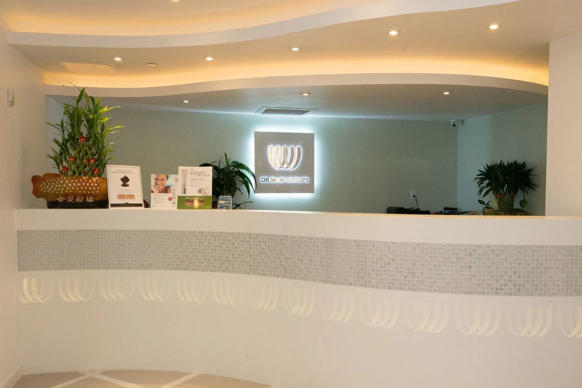 Curved front desk and waiting area Curved front desk and waiting area at a DR WW Dermatology office in Queens