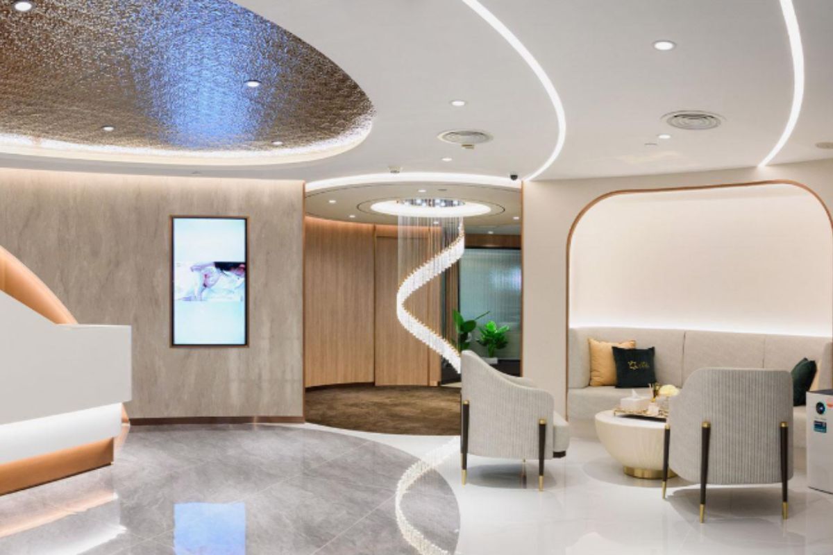Modern waiting area with lounge seating at a DR WW Dermatology office in New York